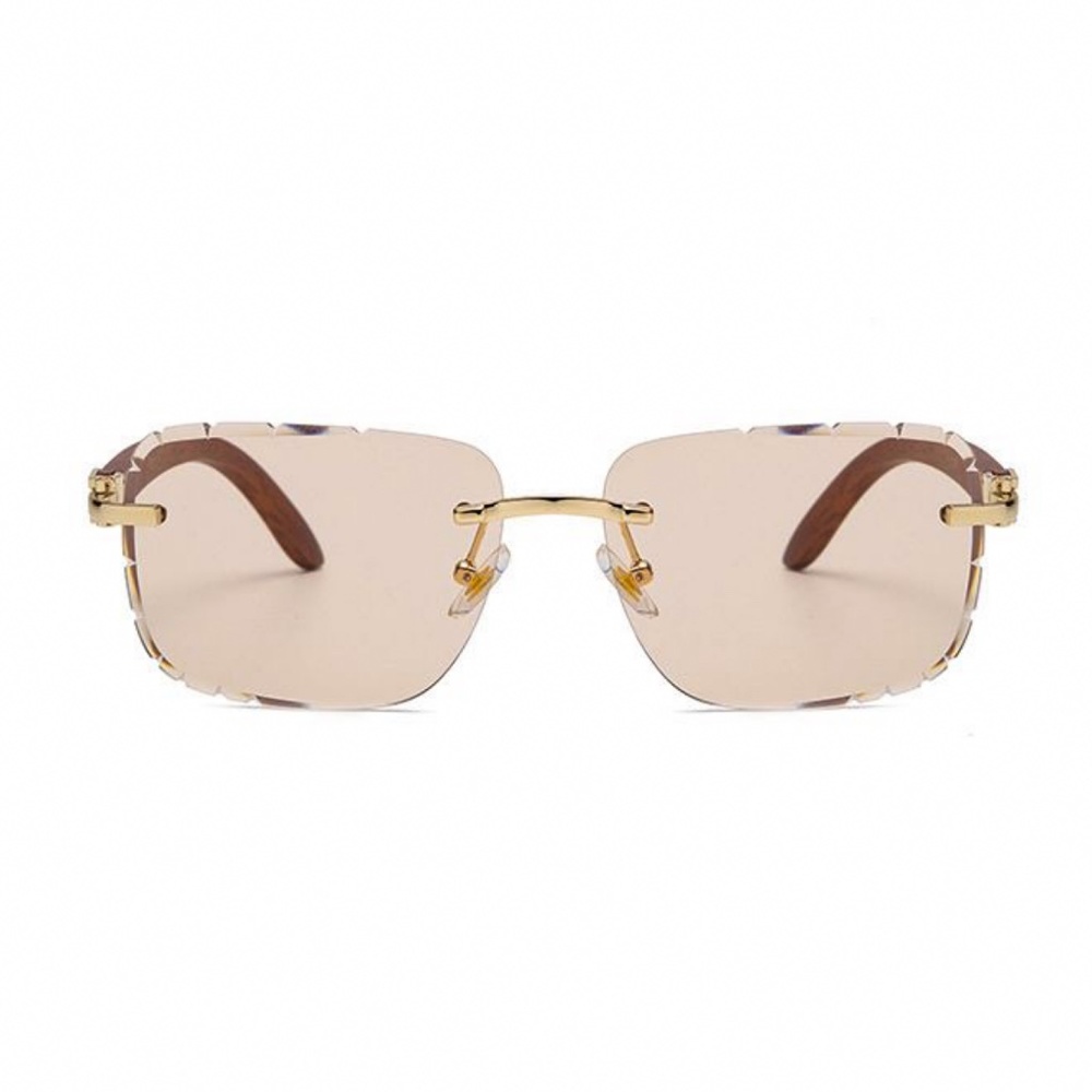 Brown Tan Tint Mens Gold Frame Woodgrain Retro Gem Cut Fashion HipHop Sunglasses